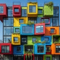 Vibrant stacked shipping containers form a modern architectural building with colorful facades and windows Royalty Free Stock Photo
