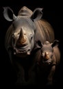 Adult rhinoceros portrait with small calf against dark background