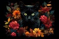A Striking contrast between a black cat and vibrant flowers and leaves
