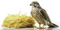 Striking Contrast A Lanner Falcon and Spaghetti Dish in Dramatic Studio Wildlife Photography Royalty Free Stock Photo