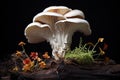 striking contrast of a white mushroom against a dark soil background