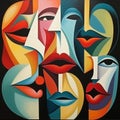 Geometric harmony of cubist lips and eyes in bold hues. AI generation