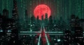 Futuristic Cyberpunk Cityscape with Binary Code Rain and Red Moon Royalty Free Stock Photo