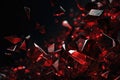 dark background. bits of broken shattered red glass Crystal fragments. diamonds breaking into many peaces.