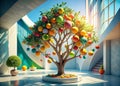 A Striking 3D Render of a Colorful FruitBearing Tree Capturing Architectural Design Elements in a Vibrant Stylized Royalty Free Stock Photo