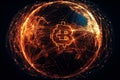 Ai Generative Bitcoin cryptocurrency symbol on planet Earth. 3d rendering