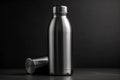 Ai Generative Blank metal thermos on black background. Mock up, 3D Rendering