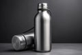 Ai Generative Blank metal thermos on black background. Mock up, 3D Rendering