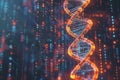 A striking 3D representation of a DNA double helix entwined with glowing digital data streams and vibrant binary code