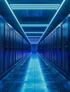 A striking data center interior bathed in a brilliant blue glow, with rows of server racks and gleaming, reflective