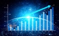 Futuristic Data Visualization with Growing Bar Chart and Arrow Over a Cosmic Background Representing Business Growth and Royalty Free Stock Photo