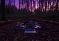 E-waste in nature desktop wallpaper: discarded laptops in forest at sunset Royalty Free Stock Photo