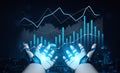Futuristic Robot Hands Holding Data Visualization with Graphs and Charts in a Modern Digital Environment for Technology Royalty Free Stock Photo