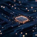 A striking digital representation of a microchip glowing amid a network of circuits, symbolizing the fusion of technology and