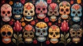 A group of skulls with flowers