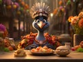 A turkey sitting at the head of the Thanksgiving table with vegetables, wearing a crown made of feathers, AI generated