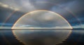 Double Rainbow Arching Over a Calm Sea with Reflecting Sky and Dark Clouds image photo Royalty Free Stock Photo