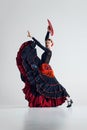 Striking elegance in motion. Female flamenco dancer dressed in black with vibrant red details making artistic Royalty Free Stock Photo