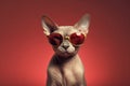 Sphynx cat wearing pink sunglasses on dark brown background.