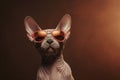 Sphynx cat wearing pink sunglasses on dark brown background.