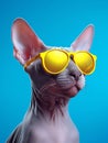 A cute Sphynx cat wearing yellow sunglasses on blue background.