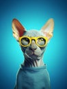 A cute Sphynx cat wearing yellow sunglasses on blue background.
