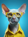 A cute Sphynx cat wearing yellow sunglasses on blue background.