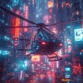 Futuristic Cityscape with Helicopter in Neon Lights at Night Royalty Free Stock Photo