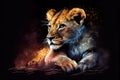 A striking generative ai illustration of a baby lion on a dark background, with bold brushstrokes and contrasting colors creating
