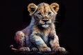 A striking generative ai illustration of a baby lion on a dark background, with bold brushstrokes and contrasting colors creating