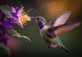 A hummingbird flying and visiting the purple flower to drink and feed, generative AI