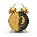 Golden Alarm Clock Divided into Day and Night with Sun and Moon Imagery time Royalty Free Stock Photo