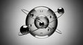 A striking grayscale rendering depicts an atomic model with orbiting electrons around a central nucleus Royalty Free Stock Photo