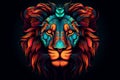 Striking Head of lion with neon style. Wildlife predator