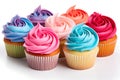 Frosted Cupcakes in Vibrant Hues Against a White Background. Generative Ai.