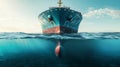 Split View of Massive Container Ship at Sea - Above and Below Waterline Royalty Free Stock Photo