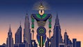 Art Deco Robot Stands Tall Against Stylized City Skyline at Dusk Royalty Free Stock Photo
