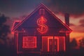 Glowing Neon Real Estate Sign: House with Dollar Symbol - Concept Illustration for Housing Market and Investments