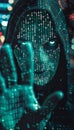 Striking image of an anonymous hacker with a digital binary face in a dark cybercrime setting Royalty Free Stock Photo