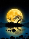 A striking image of a barren tree silhouetted against a full moon, reflected in calm waters.