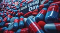 Vivid Anti Drug Day Illustration With Blue and Red Capsules and Tablets