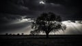 A dramatic and ominous silhouette of a stormy sky with a tree in the foreground created with Generative AI