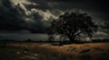 A dramatic and ominous silhouette of a stormy sky with a tree in the foreground created with Generative AI