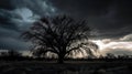 A dramatic and ominous silhouette of a stormy sky with a tree in the foreground created with Generative AI