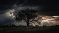 A dramatic and ominous silhouette of a stormy sky with a tree in the foreground created with Generative AI