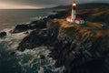 This striking image captures the majestic scene of a lighthouse by the ocean, standing tall as a beacon of safety and navigation,