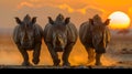 Three Rhinos Standing at Sunset in the Wild. Serene African Landscape. Wildlife Photography. Majestic Creatures in Royalty Free Stock Photo