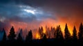 A striking image capturing the intensity of a forest fire, with towering flames consuming trees and billowing smoke filling the Royalty Free Stock Photo