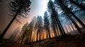 A striking image capturing the intensity of a forest fire, with towering flames consuming trees and billowing smoke filling the Royalty Free Stock Photo