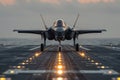 F-35 jet elegantly landing on an aircraft carrier at dusk Royalty Free Stock Photo